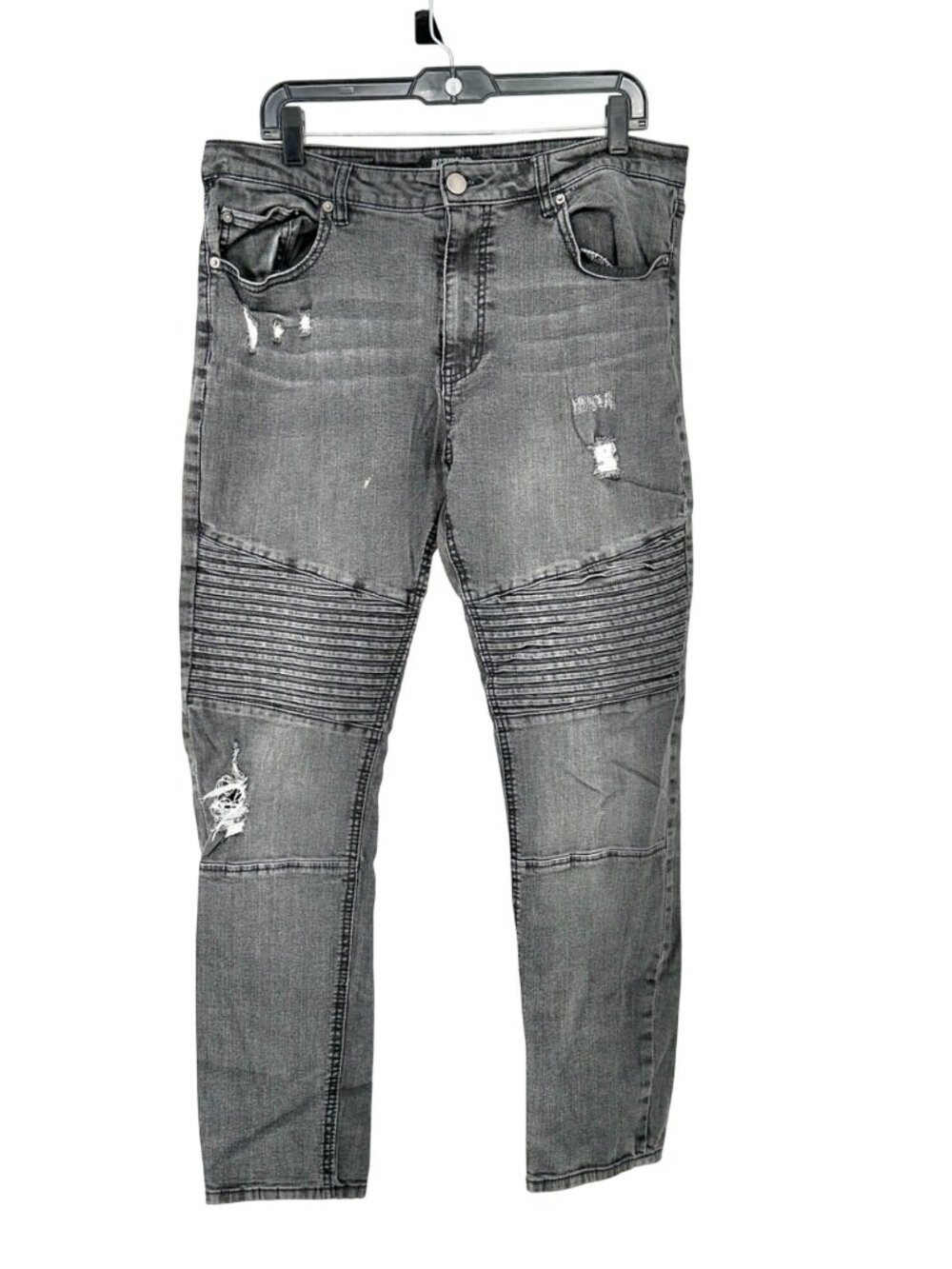 Elwood Mens Biker Jeans 36x30 With Distressed Detailing Faded Black Light Wash